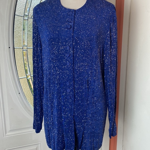 R&M Richards Karen Kwong Button Up Top Sequin Stretch Made In USA Shimmer - Picture 2 of 13